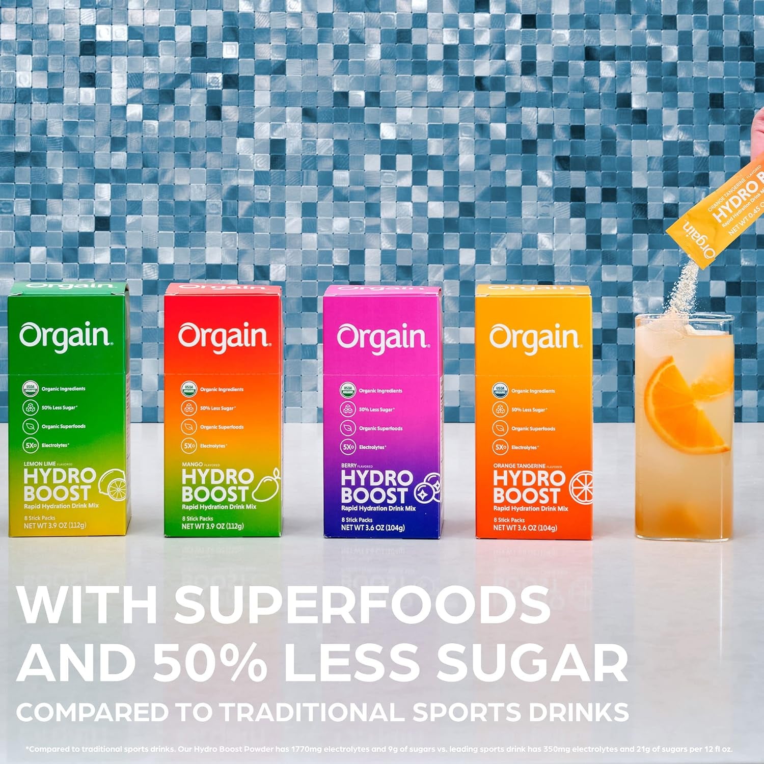 Orgain Organic Hydration Packets, Electrolytes Powder - Mango Hydro Boost with Superfoods, Vegan, Gluten-Free, No Soy Ingredients, Non-Gmo, Less Sugar than Sports Drinks, 16 Count