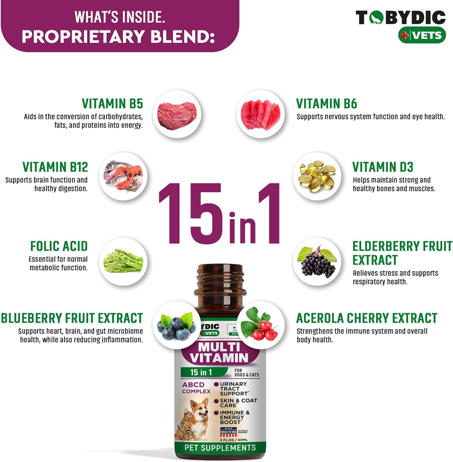 Cat & Dog Multivitamin -15 in 1 Pet Supplements with Cranberry & Glucosamine - Natural Medicine & Support for UTI, Urinary Tract, Bladder, Kidney, Skin Coat, Joints Treatment Made in USA