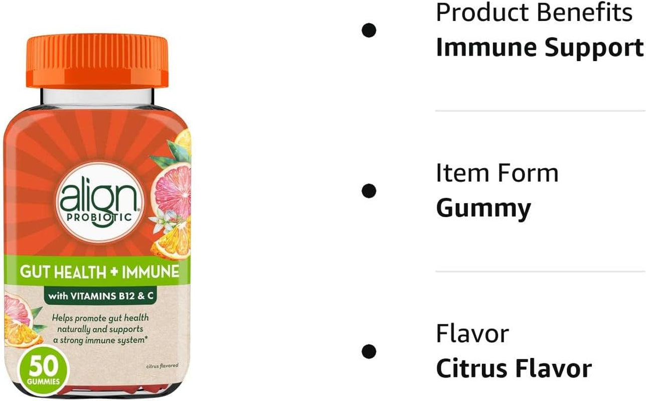 Align Probiotic, Gut Health & Immunity Support, Probiotic for Women and Men, #1 Doctor Recommended Brand, Vitamin C and B12 for Immune Support & Energy, Citrus Flavor, 50 Gummies