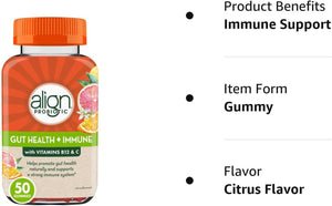 Align Probiotic, Gut Health & Immunity Support, Probiotic for Women and Men, #1 Doctor Recommended Brand, Vitamin C and B12 for Immune Support & Energy, Citrus Flavor, 50 Gummies