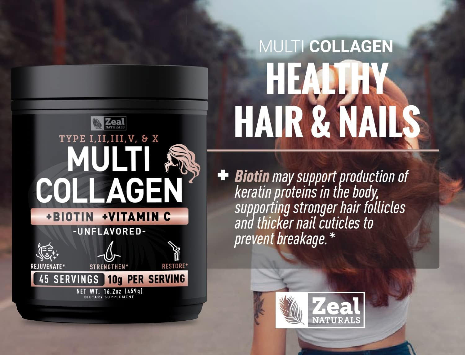Premium Multi Collagen Peptides Protein Powder (1, 2, 3, 5 & 10) with Vitamin C, Biotin, Hyaluronic Acid, for Hair Skin and Nails - Marine, Bovine, Chicken & Eggshell (Unflavored, 45 Servings) 