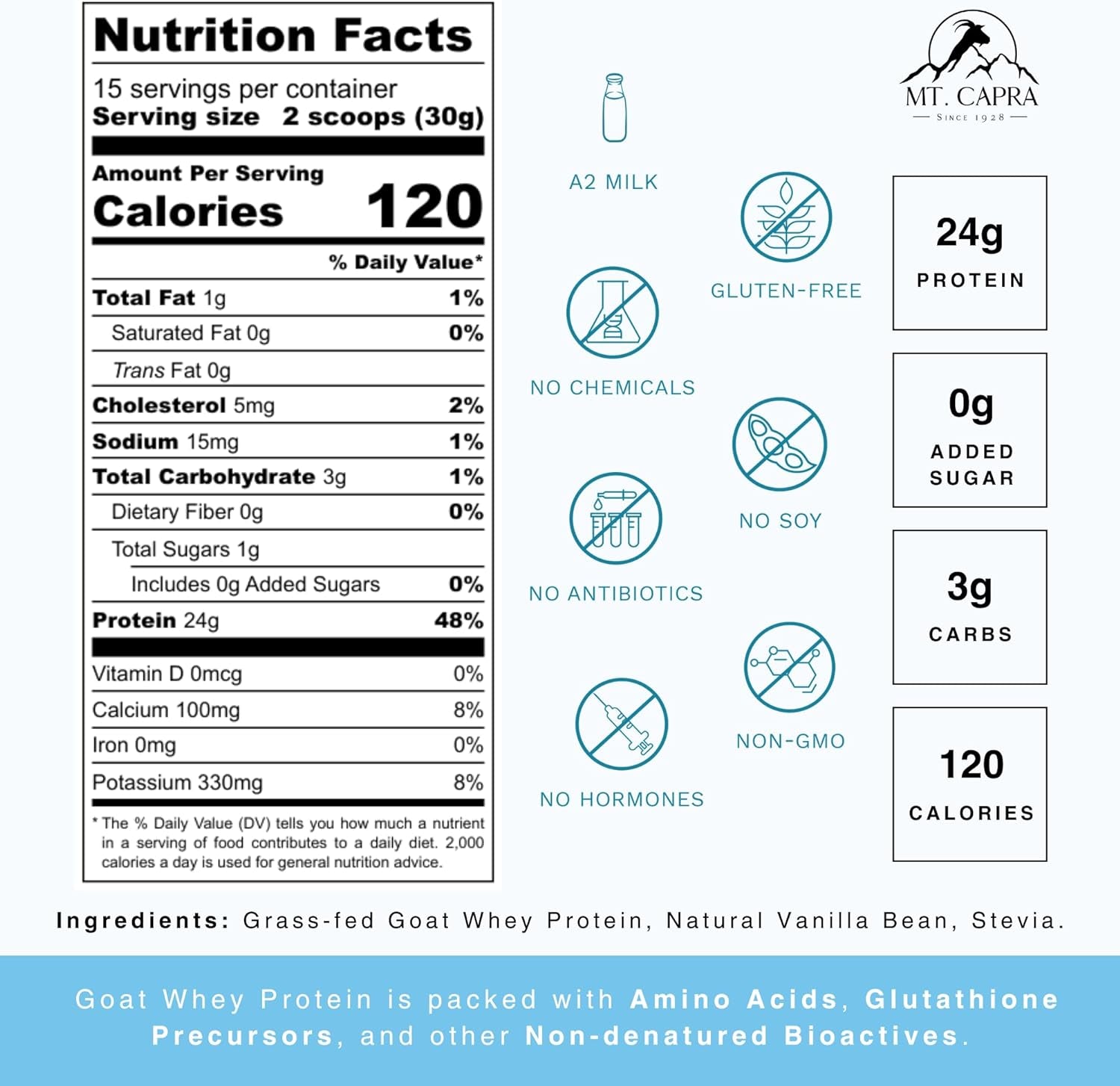 Mt. Capra Goat Whey Protein | Grass-Fed Undenatured Whey Protein Powder from Pastured Goats, High in Branch Chain Amino Acids, Natural Vanilla - 1 Pound 