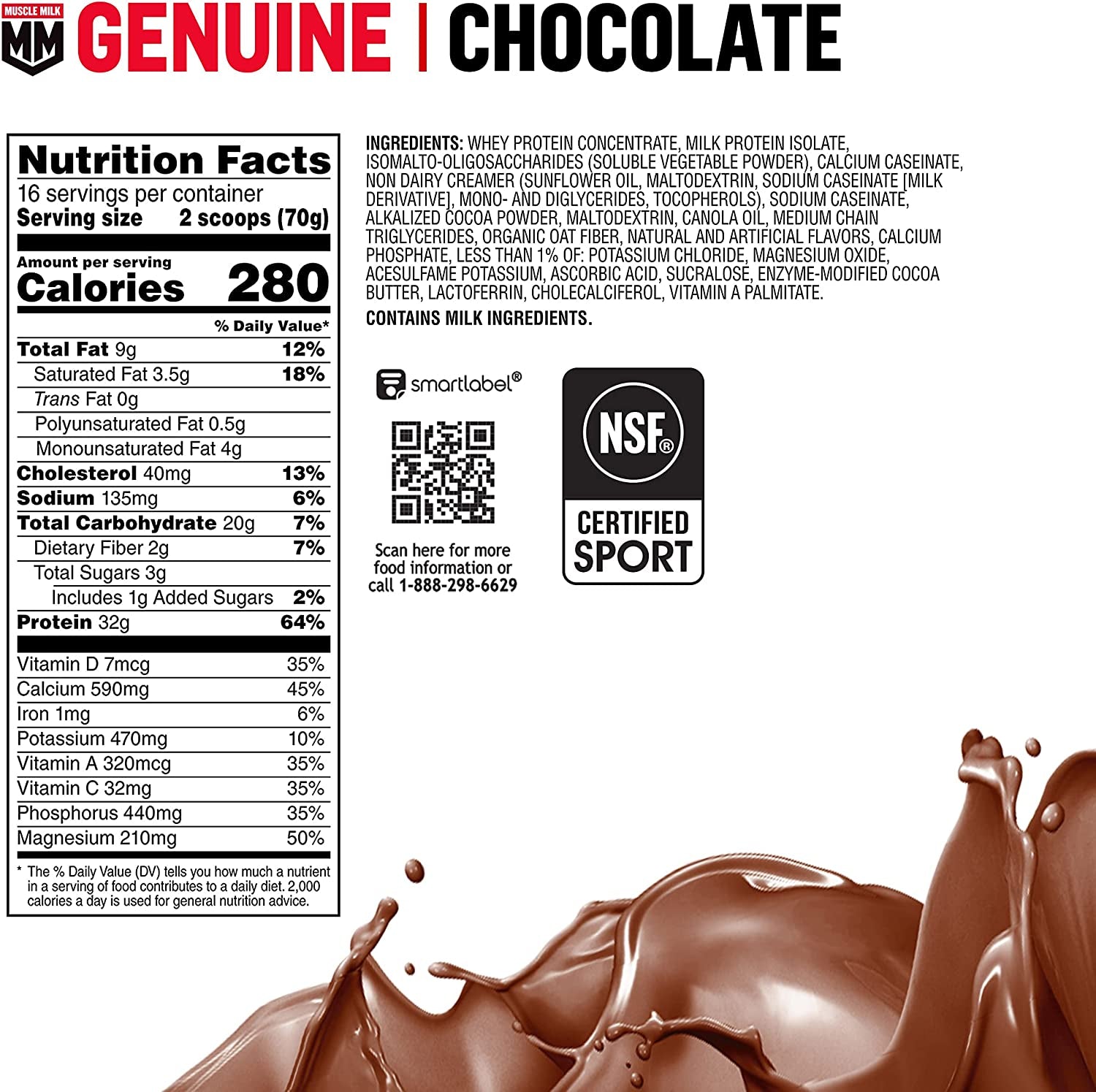 Muscle Milk Genuine Protein Powder, Cookies 'N Crème, 2.47 Pound, 16 Servings, 32G Protein, 2G Sugar, Calcium, Vitamins A, C & D, NSF Certified for Sport, Energizing Snack, Packaging May Vary