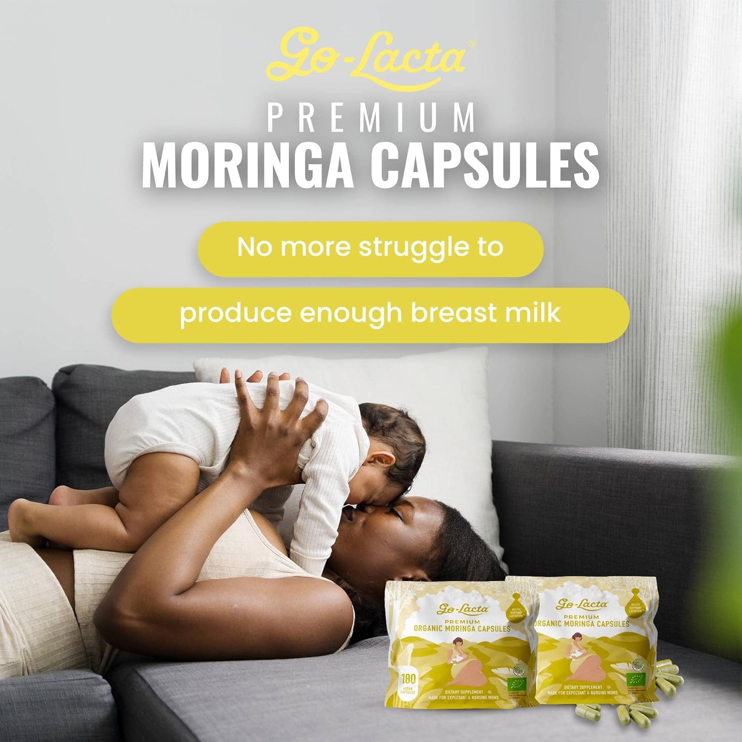 Go-Lacta® 100% Organic Moringa Capsules for Breastfeeding Moms - 30 Capsules - Pure Premium Postnatal Vitamins - Breastfeeding Supplements to Increase Milk Supply - Postpartum Vitamins for Women