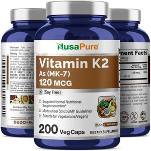 Nusapure Vitamin K2 MK7 120 Mcg 200 Veggie Caps (Soy Free, Non-Gmo, Vegan)