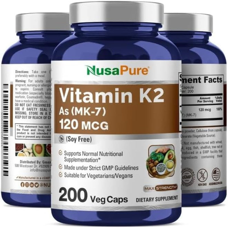Nusapure Vitamin K2 MK7 120 Mcg 200 Veggie Caps (Soy Free, Non-Gmo, Vegan)