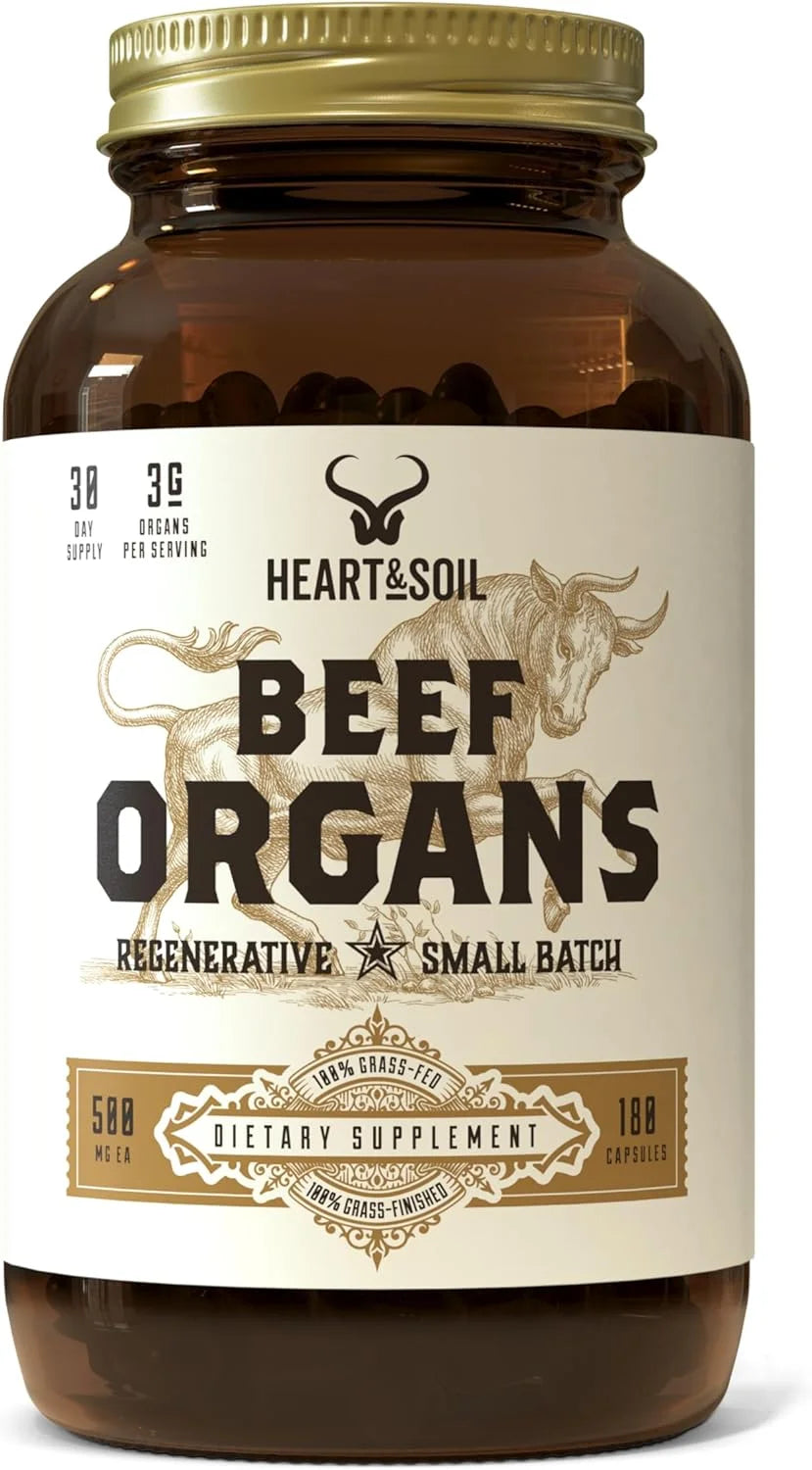 Beef Organs Complex — Grass Fed Liver, Heart, Kidney, Pancreas, and Spleen for Complete Nose to Tail Nutrition (180 Capsules) 