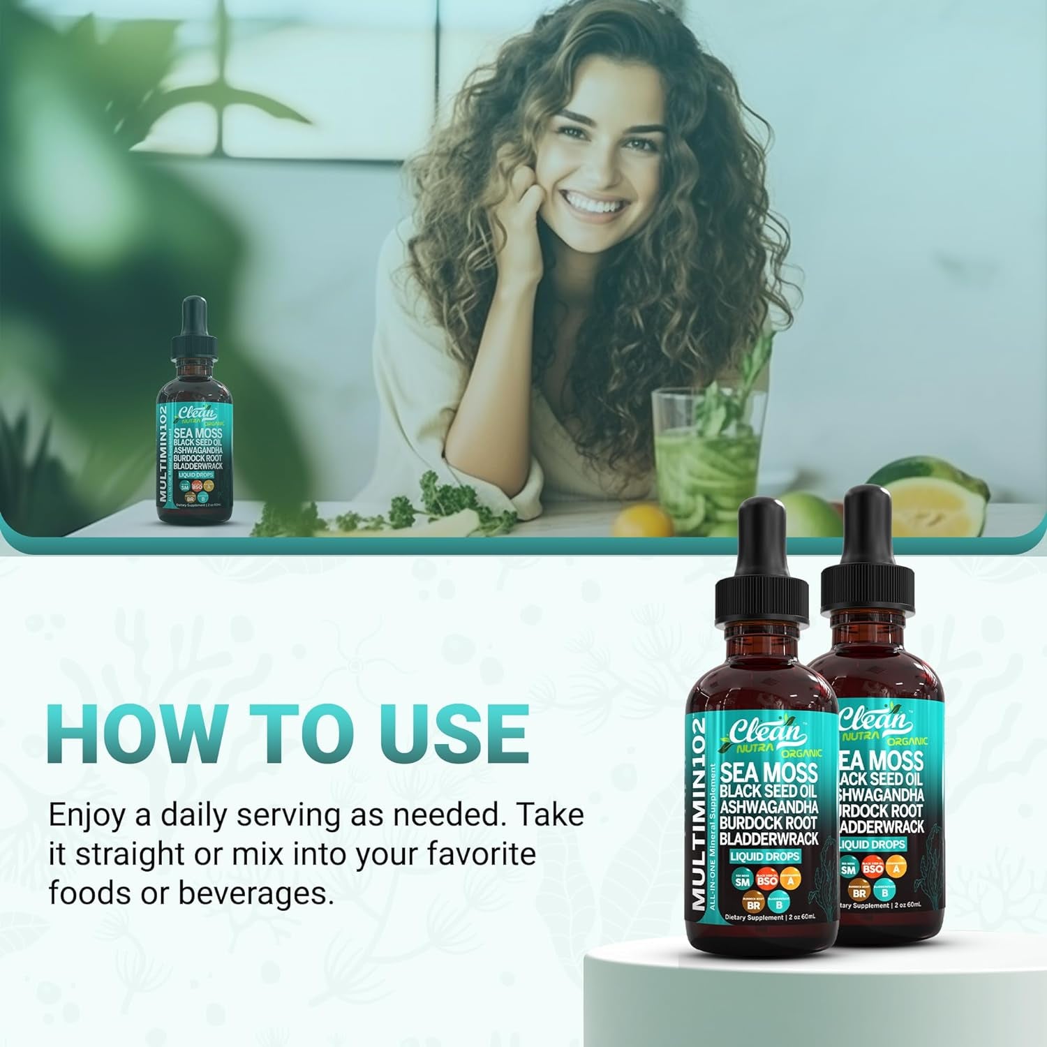 Clean Nutraceuticals Sea Moss Liquid Drops Supplement with Black Seed Oil Ashwagandha Burdock Root & Bladderwrack - Multimineral Organic Non-Gmo Vegan for Gut Heath Skin Immune Support Hair