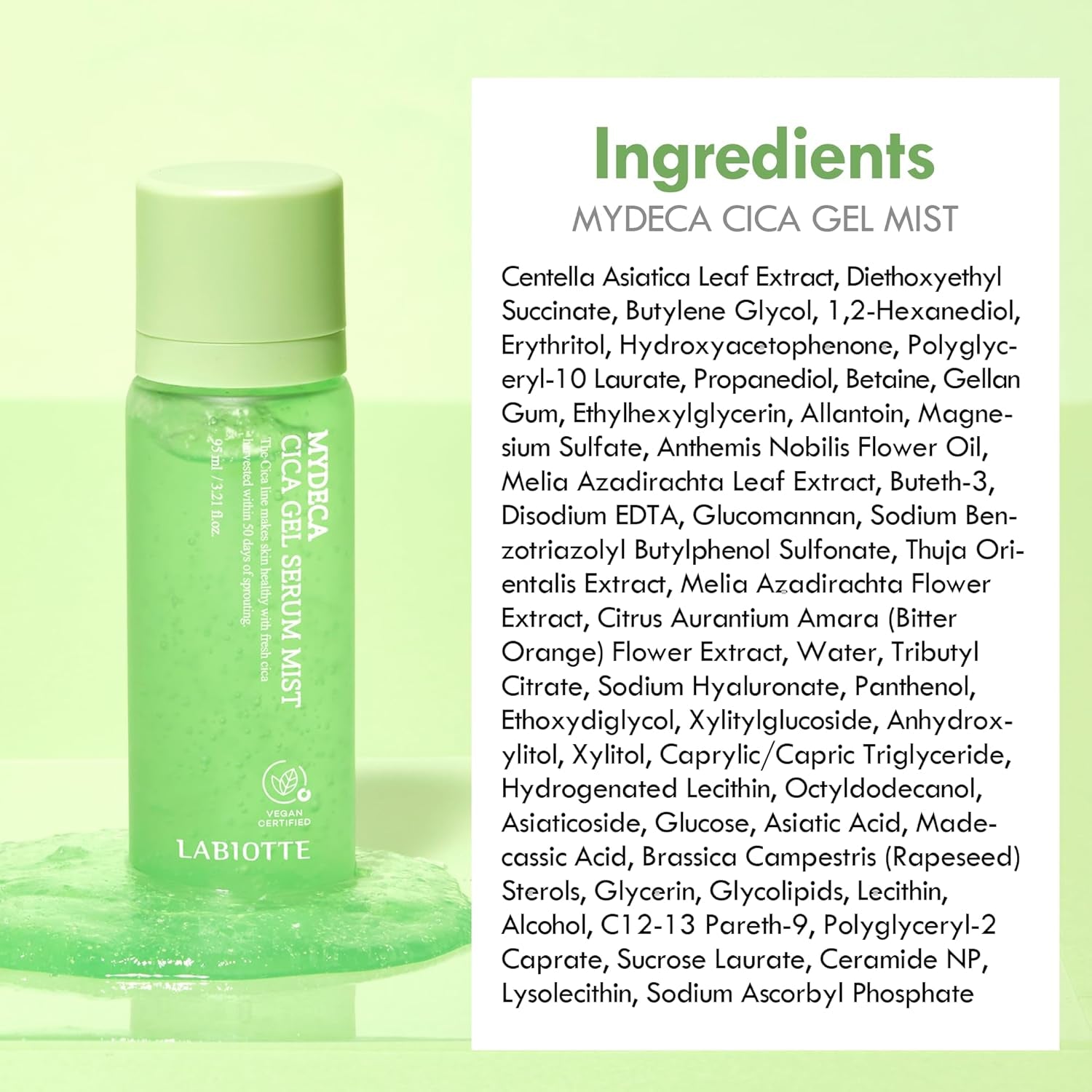 LABIOTTE Mydeca Cica Gel Serum Mist | Face Serum Spray Gel Moisturizer W/Centella Asiatica | Korean Skincare Hydrating Face Mist | Centella Moisturizer Glow Serum Facial Spray (Pack of 1, 3.21 Fl Oz)