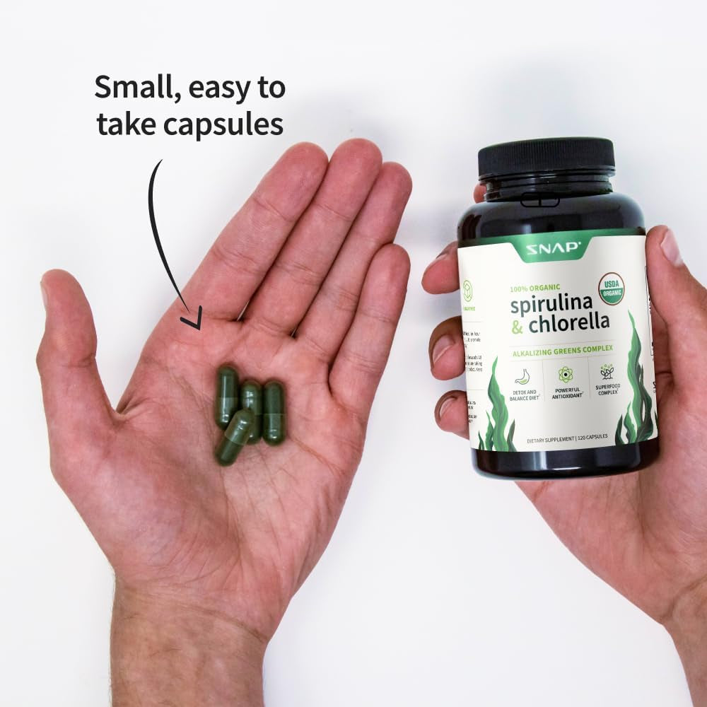 Snap Supplements USDA Organic Spirulina Chlorella Capsules - Green Superfoods for Natural Energy and Metabolic Health, 120 Capsules