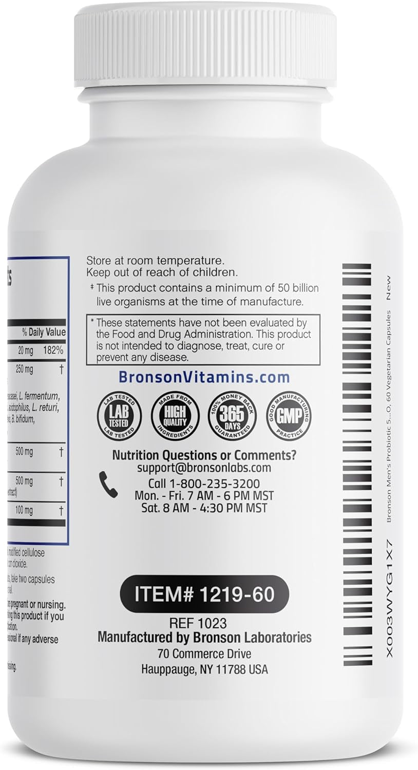 Men'S Probiotic 50 Billion CFU plus Prebiotic with Ashwagandha, Fenugreek & Zinc, Supports Healthy Digestion & Immune Function Non-Gmo, 60 Vegetarian Capsules