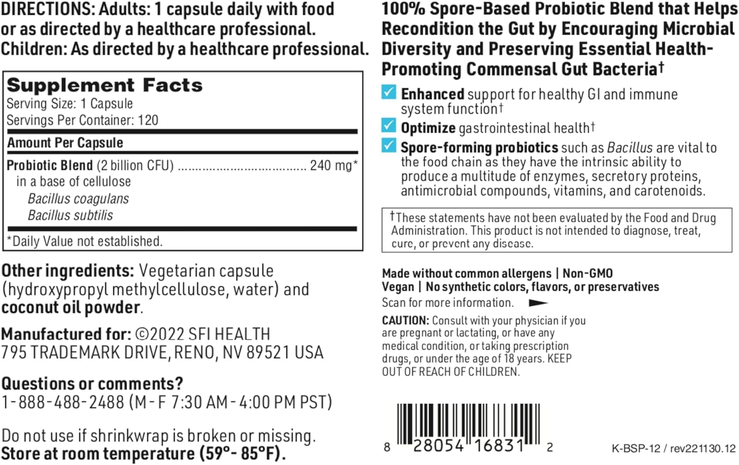 Klaire Labs Biospora Probiotic - Bacillus Coagulans & Subtilis 2 Billion CFU for Digestive & Immune Support - Soil-Based (SBO) & Shelf-Stable Spore Forming Probiotic for Men & Women (120 Capsules)