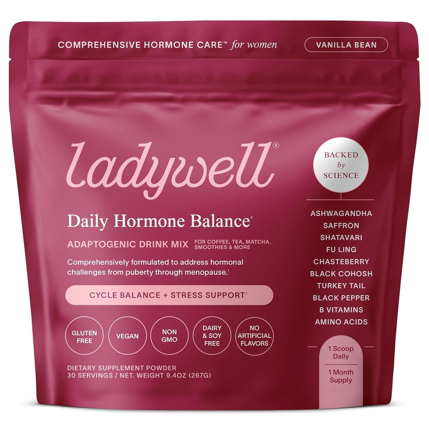 Ladywell Daily Hormone Balance, Powder | PMS, PMDD, PCOS, Fertility, Menopause | Mood, Cycle & Stress Support | Plant-Based, Science-Backed Supplement 