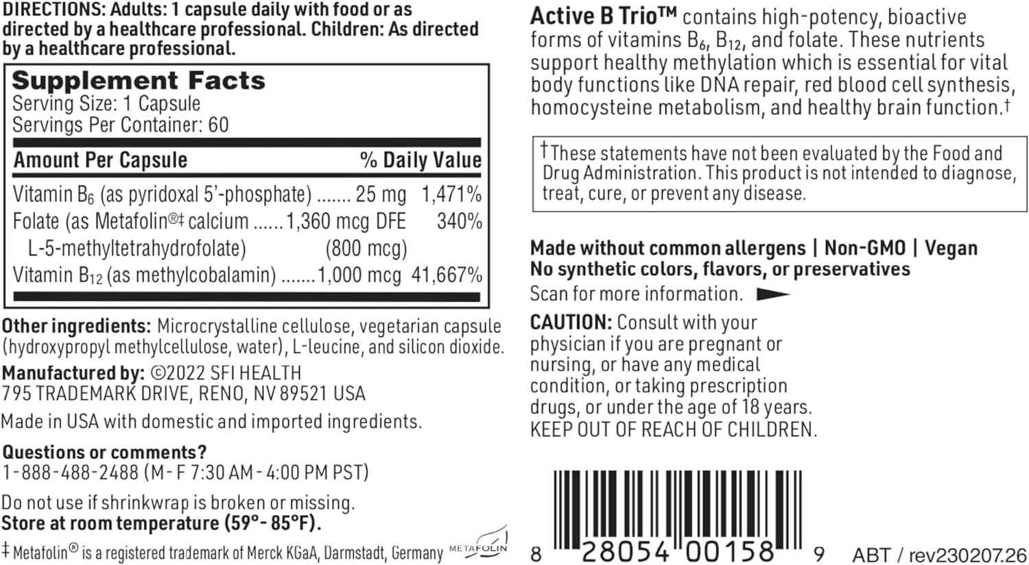 Klaire Labs Active B Trio - Active B Complex Vitamins for Mood & Energy Support - Vitamin B12 Supplement (Methylcobalamin) with Vitamin B6 & Folate (Methylfolate) - Hypoallergenic (60 Capsules)
