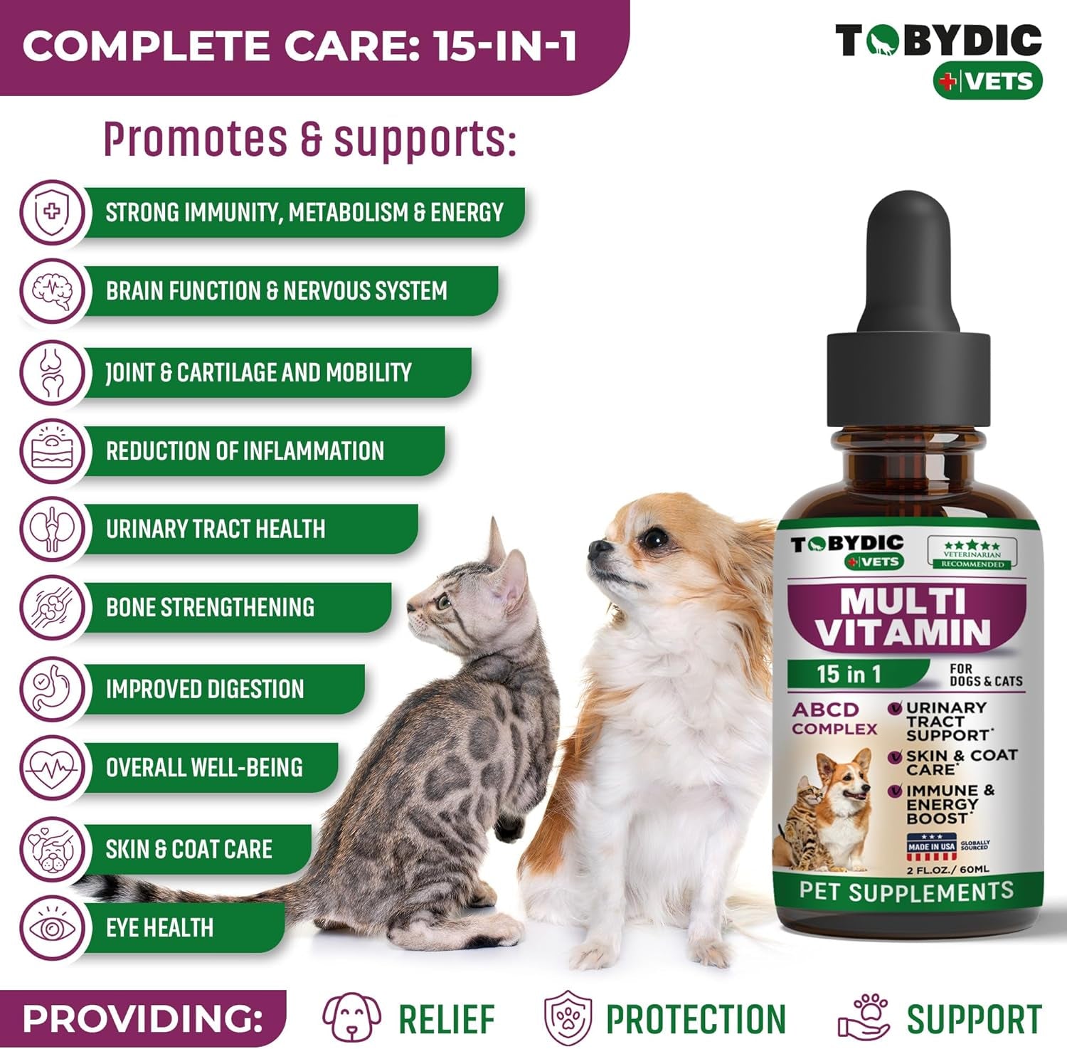 Cat & Dog Multivitamin -15 in 1 Pet Supplements with Cranberry & Glucosamine - Natural Medicine & Support for UTI, Urinary Tract, Bladder, Kidney, Skin Coat, Joints Treatment Made in USA
