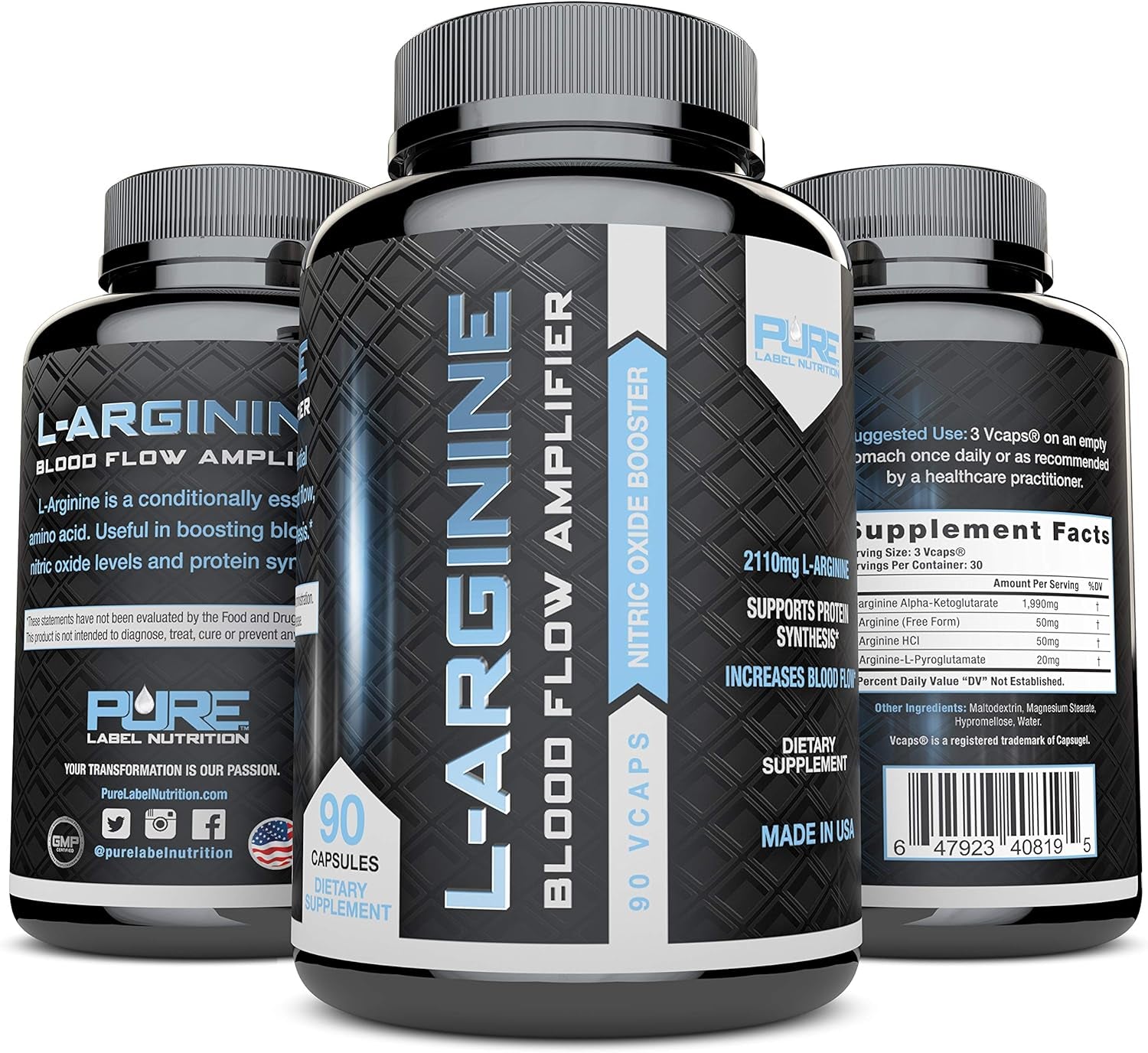 L Arginine Capsules, Nitric Oxide Booster, Amino Acid Supplement for Men and Women, Helps Build Muscle & Strength and Boost Energy, Blood Flow Support - 90 Caps