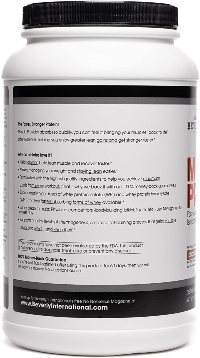 Beverly International Muscle Provider, 30 Servings, Chocolate. Super-Fast-Absorbing Whey Protein Powder for Recovery, Lean Muscle. Fills Your Muscles, Not Your Stomach. Tastes like Ice Cream! 