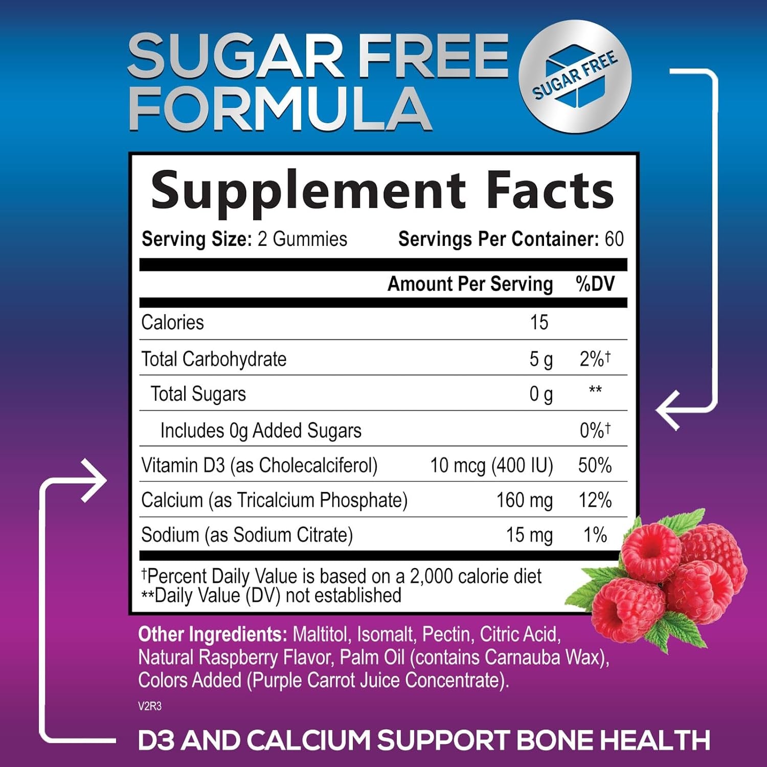 Sugar Free Calcium Gummy Bites plus 400 IU Vitamin D3, Bone Health & Immune Support, Supports Bone Strength - Chewable Calcium Nutrition Supplement, Non-Gmo, Berry Flavor Chews - 60 Gummies 