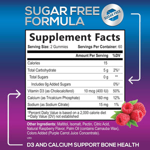 Sugar Free Calcium Gummy Bites plus 400 IU Vitamin D3, Bone Health & Immune Support, Supports Bone Strength - Chewable Calcium Nutrition Supplement, Non-Gmo, Berry Flavor Chews - 60 Gummies 