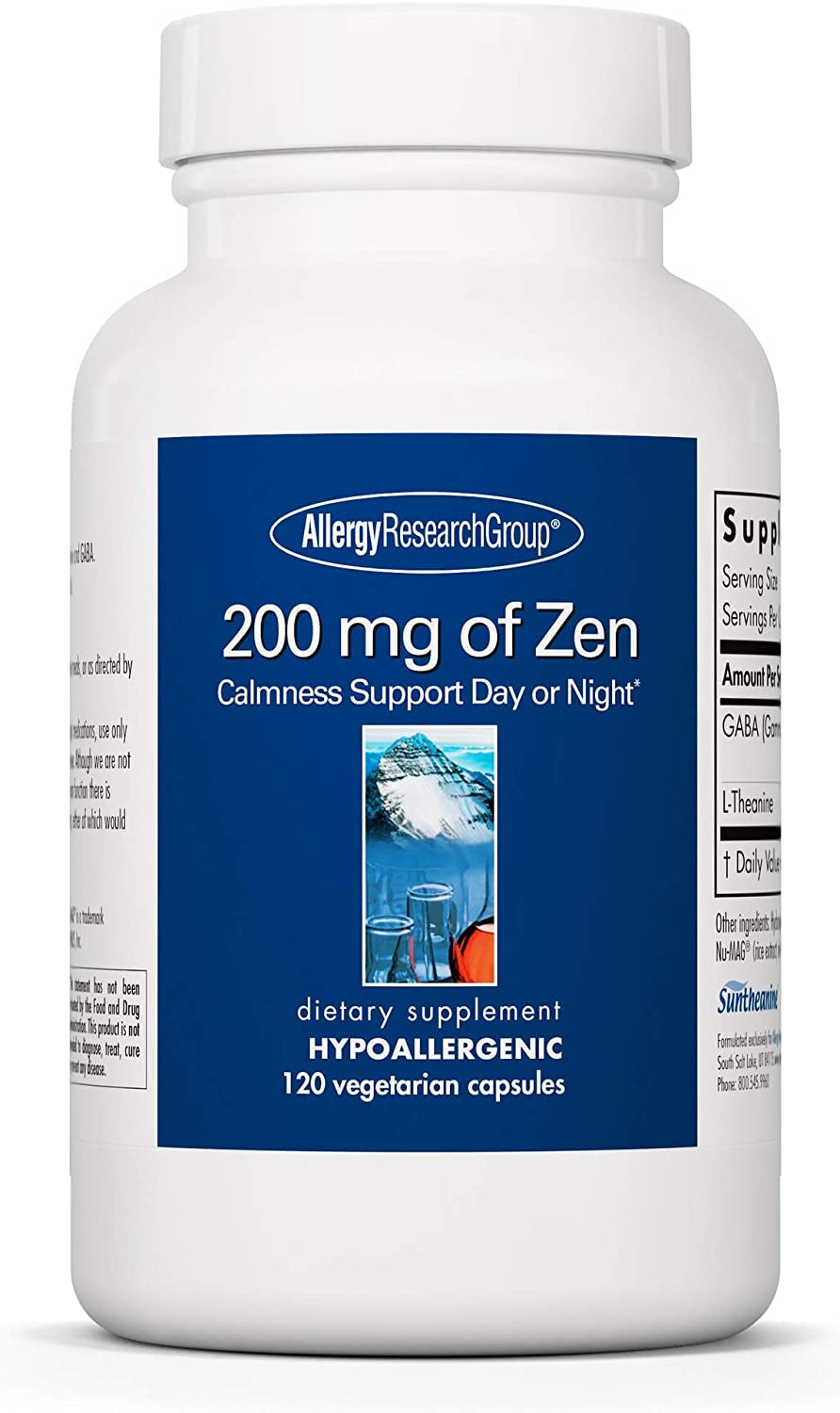 Allergy Research Group 200Mg of Zen Supplement - GABA, L-Theanine, Calmness Support, Day or Night, Hypoallergenic, Vegetarian Capsules - 120 Count 