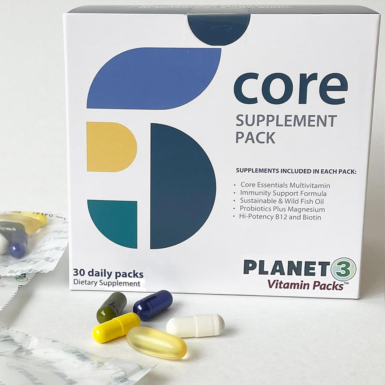 Planet 3 Vitamin Packs, Energy, Immune & Heart Support with Multivitamin, Vitamin D, Probiotics, Biotin, B12, Omega 3, Lutein - Daily Vitamins for Both Men & Women, Core Supplements, 30 Daily Packs