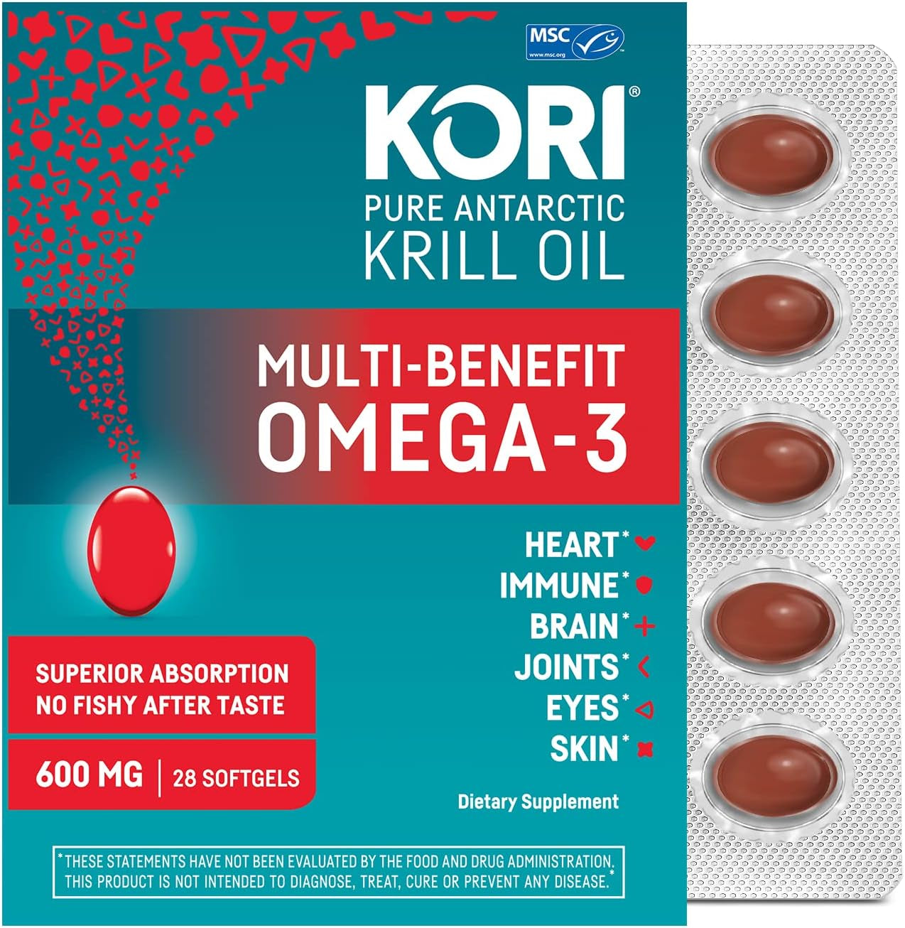 Kori Krill Oil Omega 3 Superior Absorption Oil Supplement, EPA & DHA, 600 Mg Trial Pack, 28 Softgels 