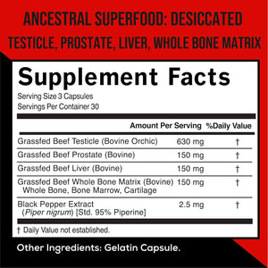 Wild Foods Men'S Testosterone Booster, Beef Organs Complex, Grass-Fed Bovine Supplement, Liver, Prostate, Testicle, Bone, 30 Day, 90 Capsules