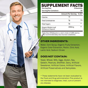Mullein Leaf Extract for Lungs, 2000Mg Mullein Gummies for Lungs & Respiratory & Digestive System Support, Immune Booster, Organic Mullein Supplement for Mucus Relief, Vegan, 60