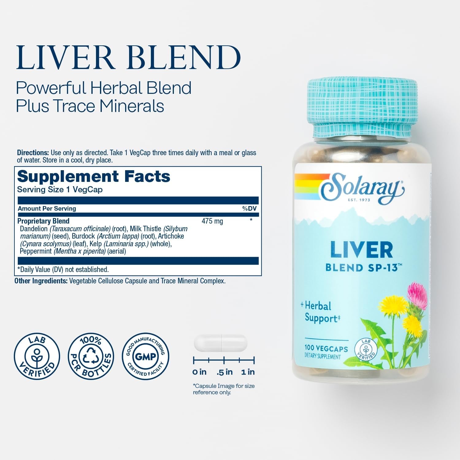 Liver Blend SP-13, Traditional Liver Cleanse Detox & Repair Support with Milk Thistle, Dandelion, Burdock, Artichoke Leaf, Kelp, Peppermint, and Trace Minerals, 100 Servings, 100 Vegcaps