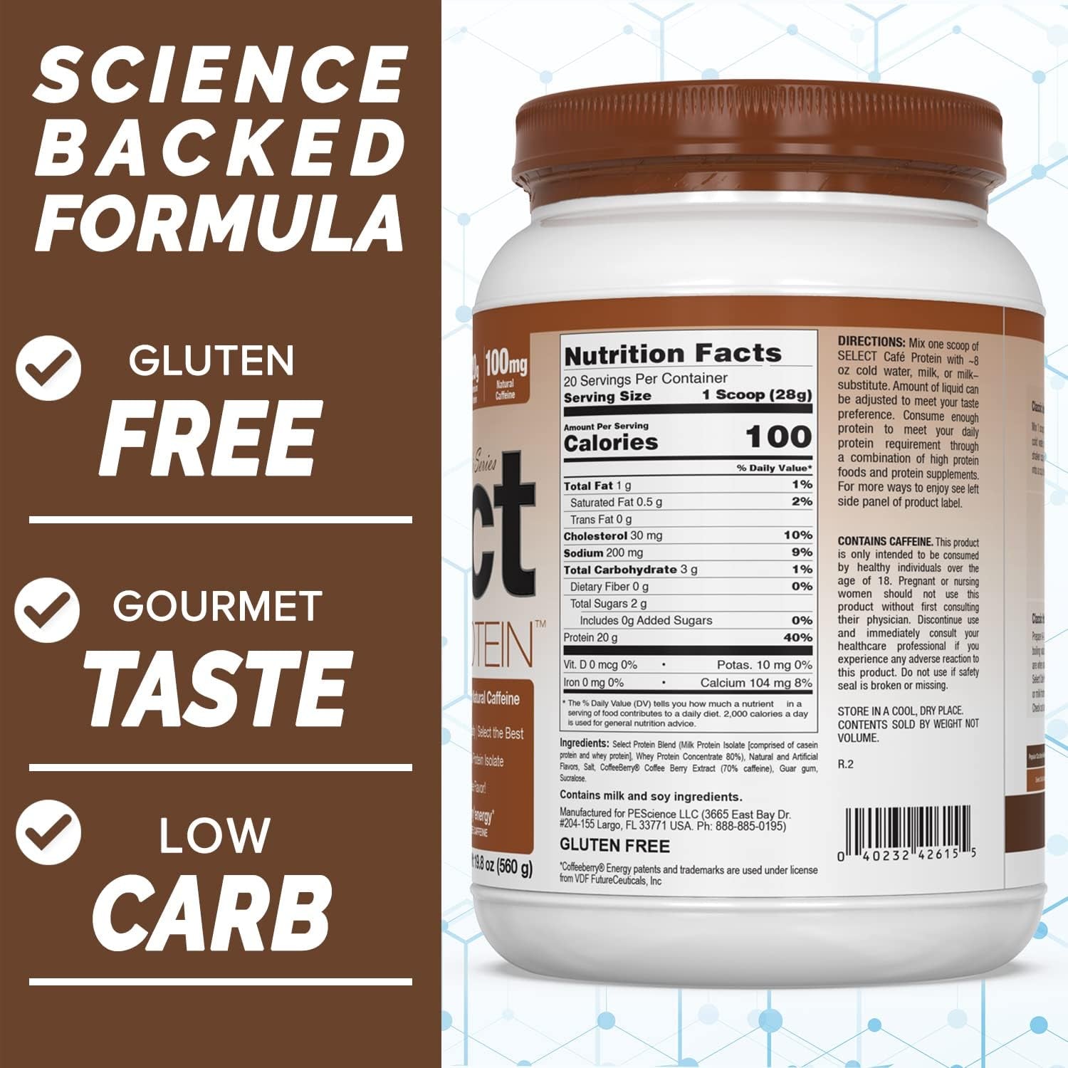 Pescience Select Cafe Protein, Iced Mocha, 20 Servings, Coffee Flavored Whey and Casein Blend