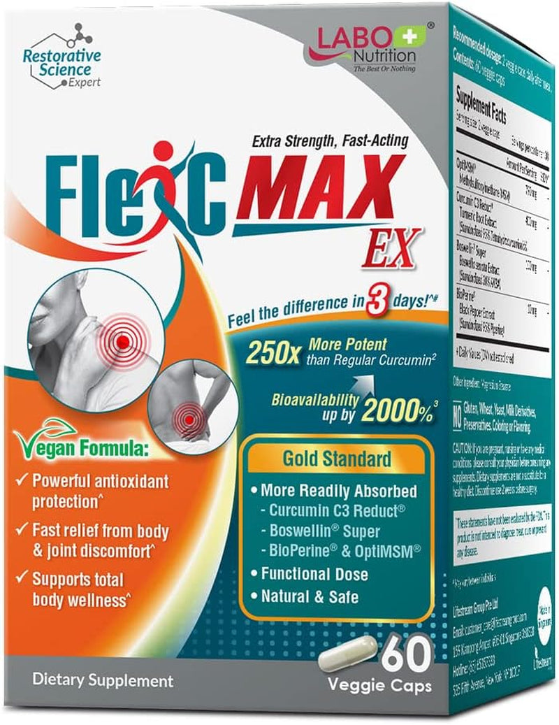 LABO Nutrition Flexc MAX EX with Turmeric Curcumin C3 Reduct 95% Tetrahydrocurcuminoids, Bioperine, Boswellia Extract & Optimsm, Effective Antioxidation, Joint & Body Discomfort Relief