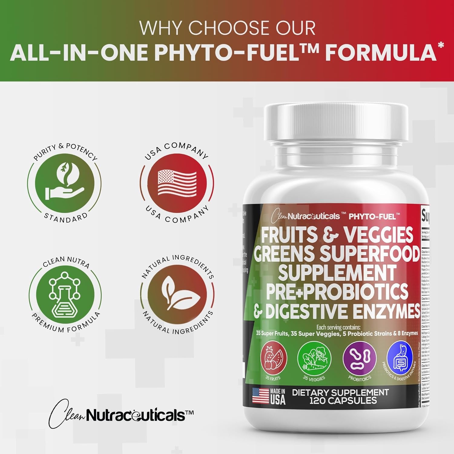 Clean Nutraceuticals Fruits and Veggies Supplement Reds & Green Superfood - Balance of over 70 Fruit & Vegetable Supplements Capsules with Probiotics Prebiotics Digestive Enzymes - 120 Ct USA 