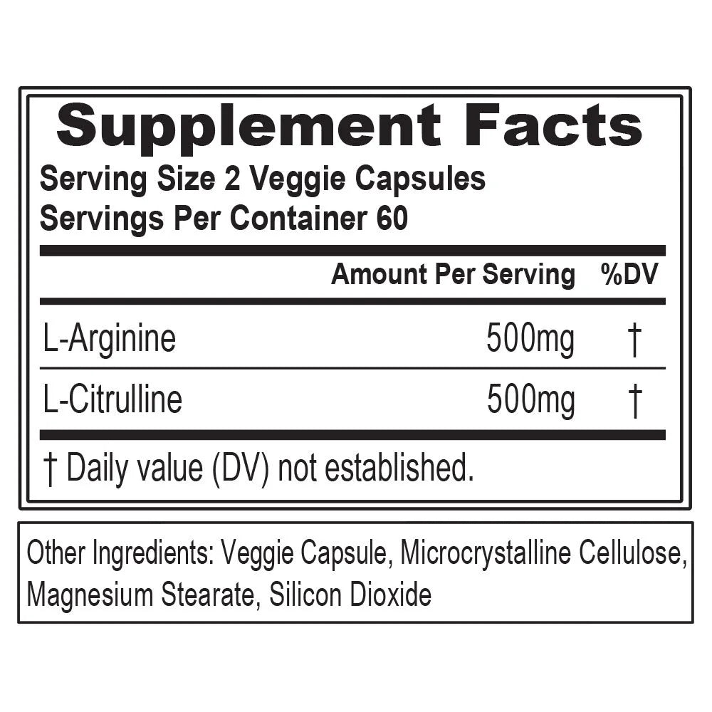 L-Arginine + L-Citrulline - Endurance + Workout Performance Supplement - 500Mg Complex - Vasodilation + Nitric Oxide Support - Vegan + Gluten Free Capsules - 60 Servings 