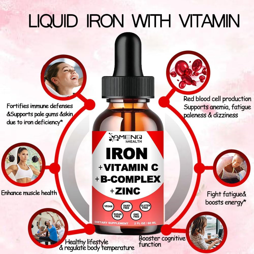Liquid Iron Supplement W/ Vitamin C, A, B-Complex, Vegan Iron Drops High Potency Liquid Vitamin & Iron Supplements for Women, Men & Children -Support Red Blood Cell, Energy, Anemia & Fatigue