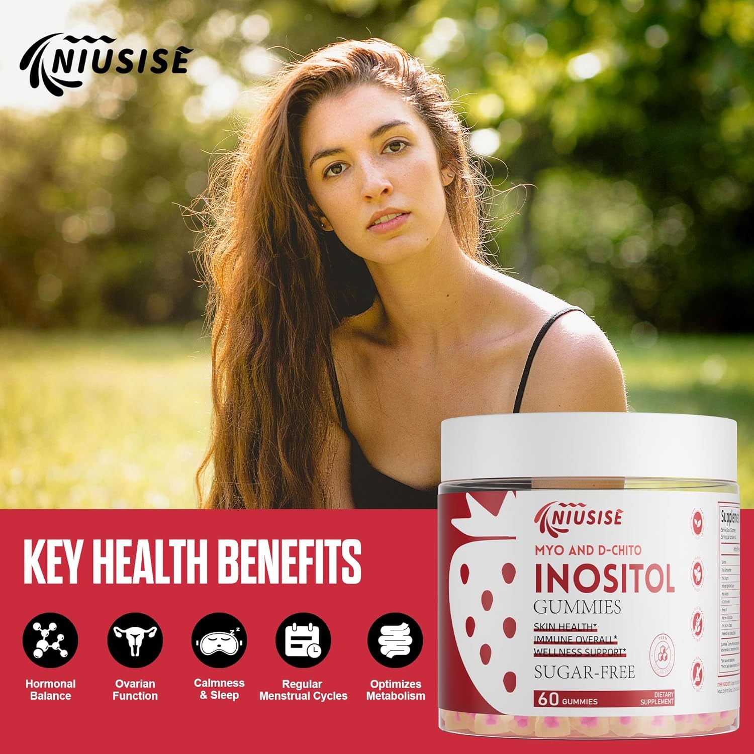 Inositol Gummies, Inositol Supplement with Myo-Inositol & D-Chiro Inositol + Vitamin D3, Ideal 40:1 Ratio, with Magnesium Glycinate 400Mg, Supports Regular Cycle for Women, Vegan, 60 Gummies