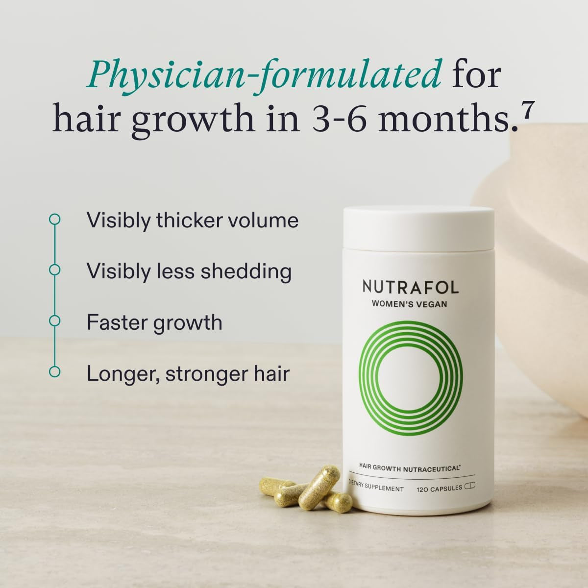 Nutrafol Women'S Vegan Hair Growth Supplements, Dermatologist Recommended, Plant-Based, Ages 18-44, Clinically Tested for Visibly Thicker, Stronger Hair - 2 Month Supply, 1 Bottle, 1 Pouch