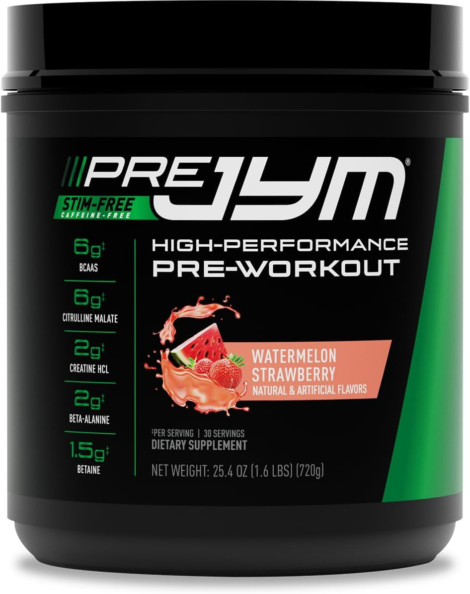 Pre JYM Stim Free Watermelon Strawberry Pre-Workout Powder, Creatine, No Caffeine, Citrulline, Betaine, Bcaa'S, Taurine, Alpha-Gpc, Huperzine, 30 