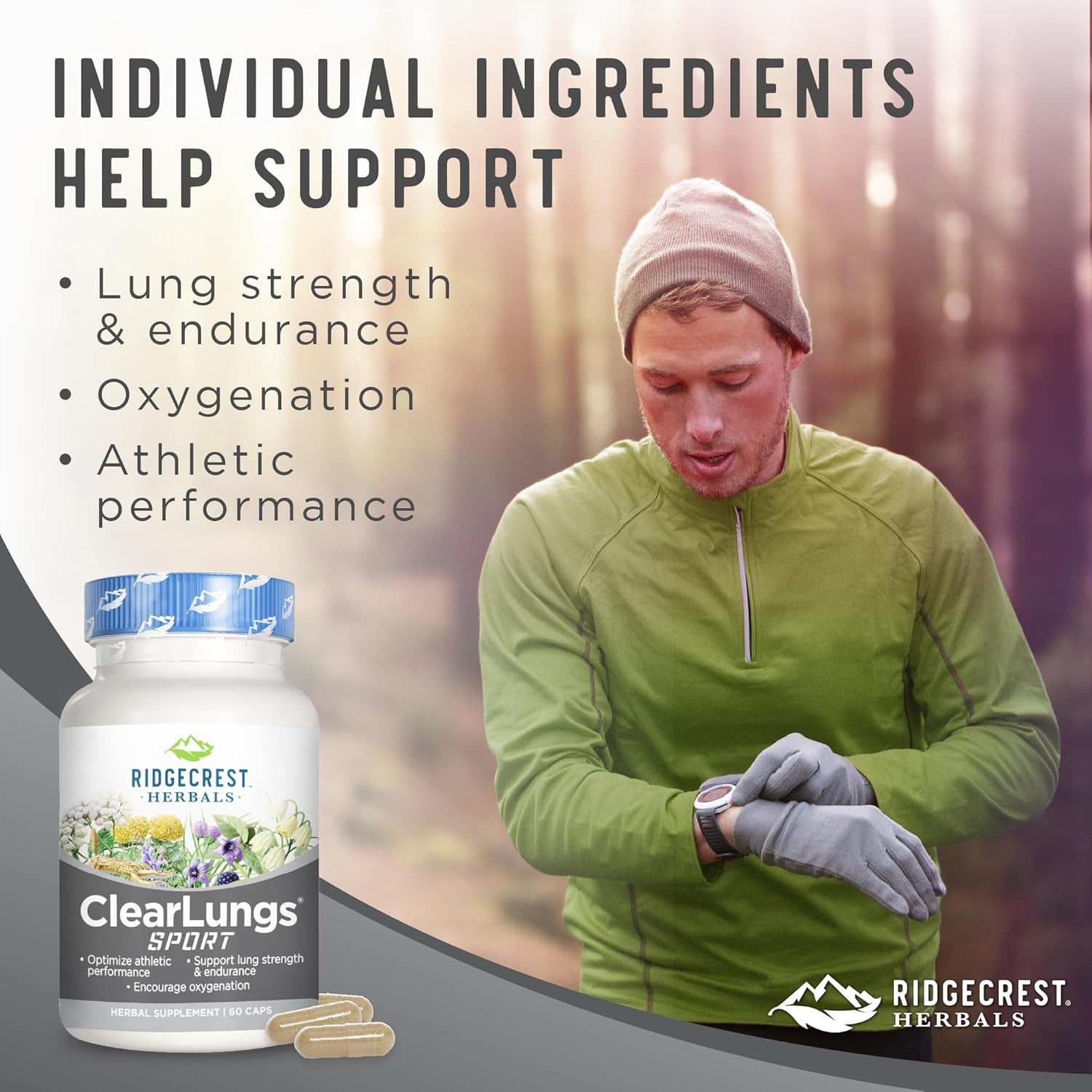 Ridgecrest Herbals Clearlungs Sport, Oxygen Intake and Lung Support Formula with Cordyceps, Rhodiola, Eleuthero (60 Vegan Caps, 30 Serv)