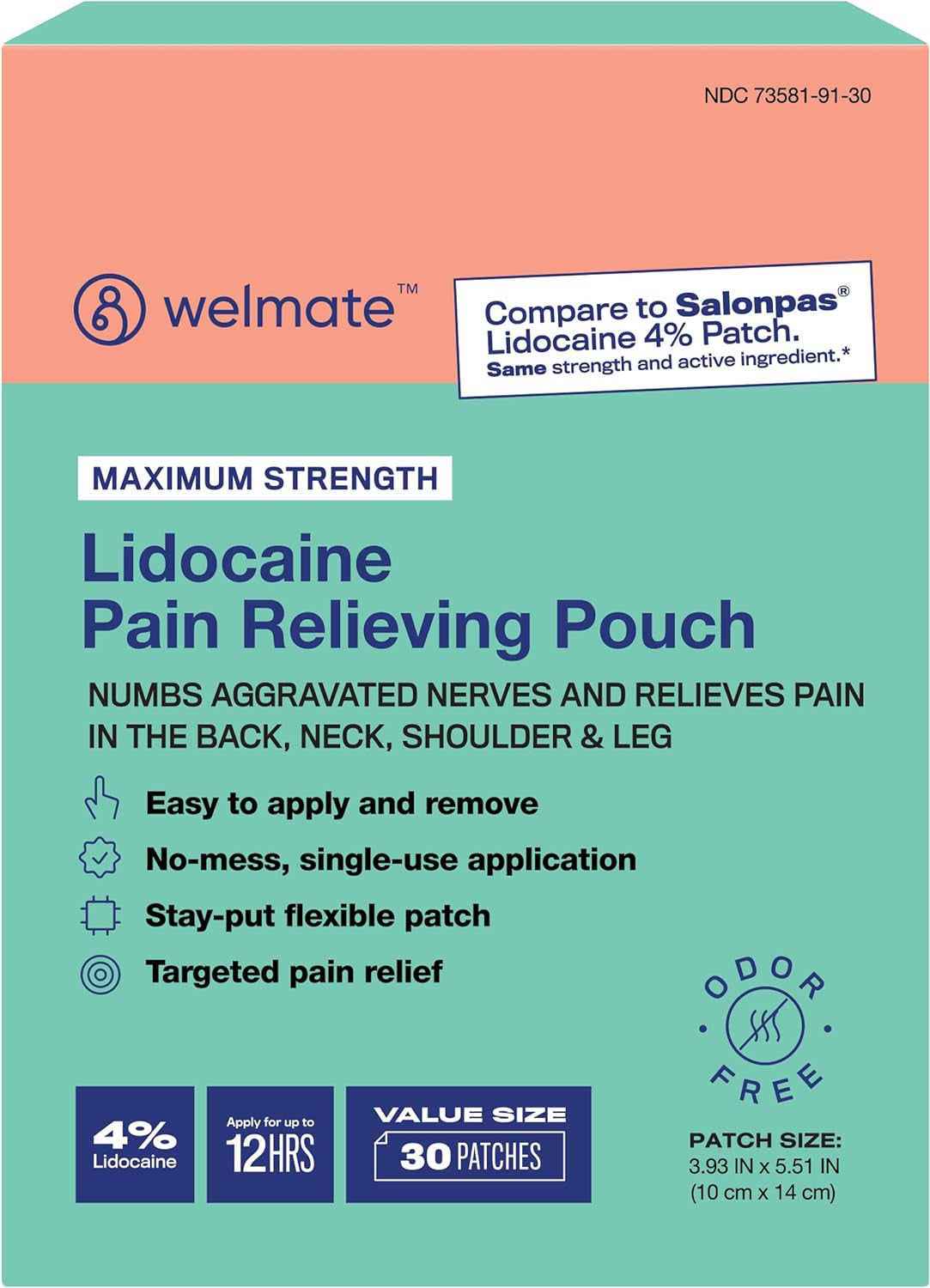 WELMATE | 4% Lidocaine Numbing Patch | | Temporary Relief of Pain, Back, Neck, Shoulders, Knees, Elbows, Minor Skin Irritations | 
