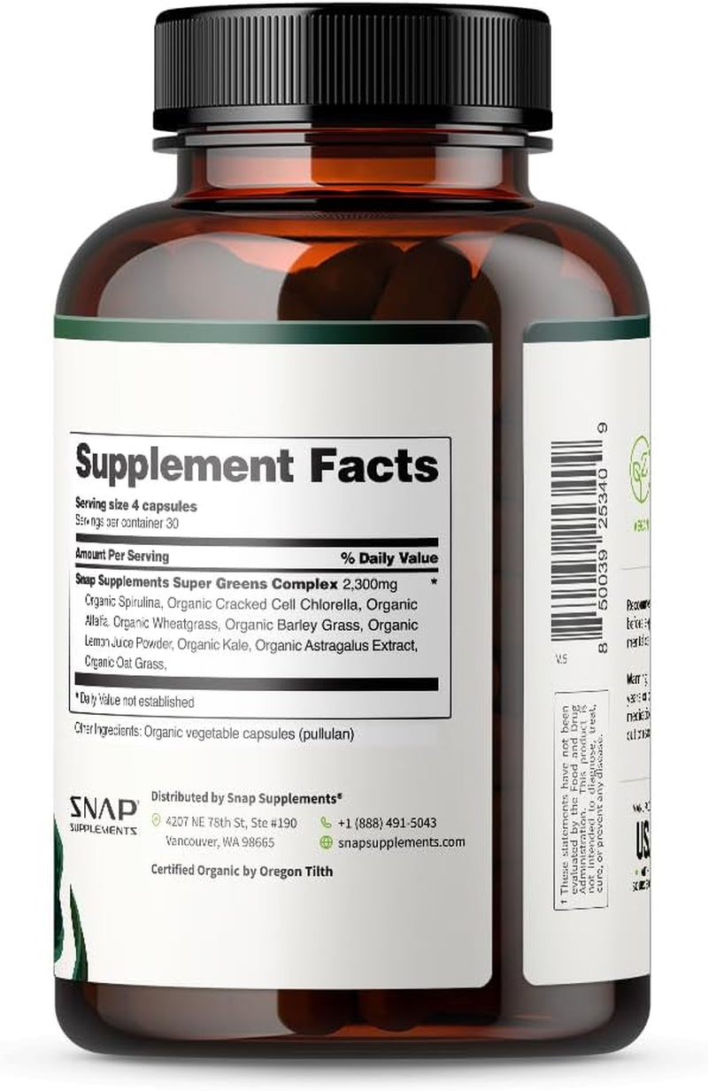 Snap Supplements USDA Organic Spirulina Chlorella Capsules - Green Superfoods for Natural Energy and Metabolic Health, 120 Capsules