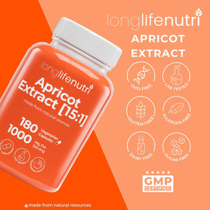 Apricot Extract - Advanced Formula, 1000Mg per Serving, 180 Vegetarian Capsules for Natural Vitality, 3-Month Supply, Organic from Prunus Armeniaca - 15:1, Made in USA, Lab Tested, Non-Gmo