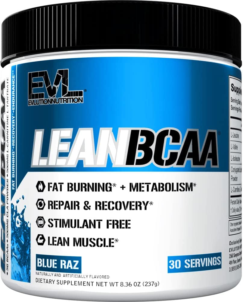 Evlution Stimulant Free Lean BCAA Powder Nutrition Bcaas Amino Acids Powder with CLA Carnitine and 2:1:1 Branched Chain Amino Acids Supports Muscle Recovery Fat Burn and Metabolism - Blue Raz
