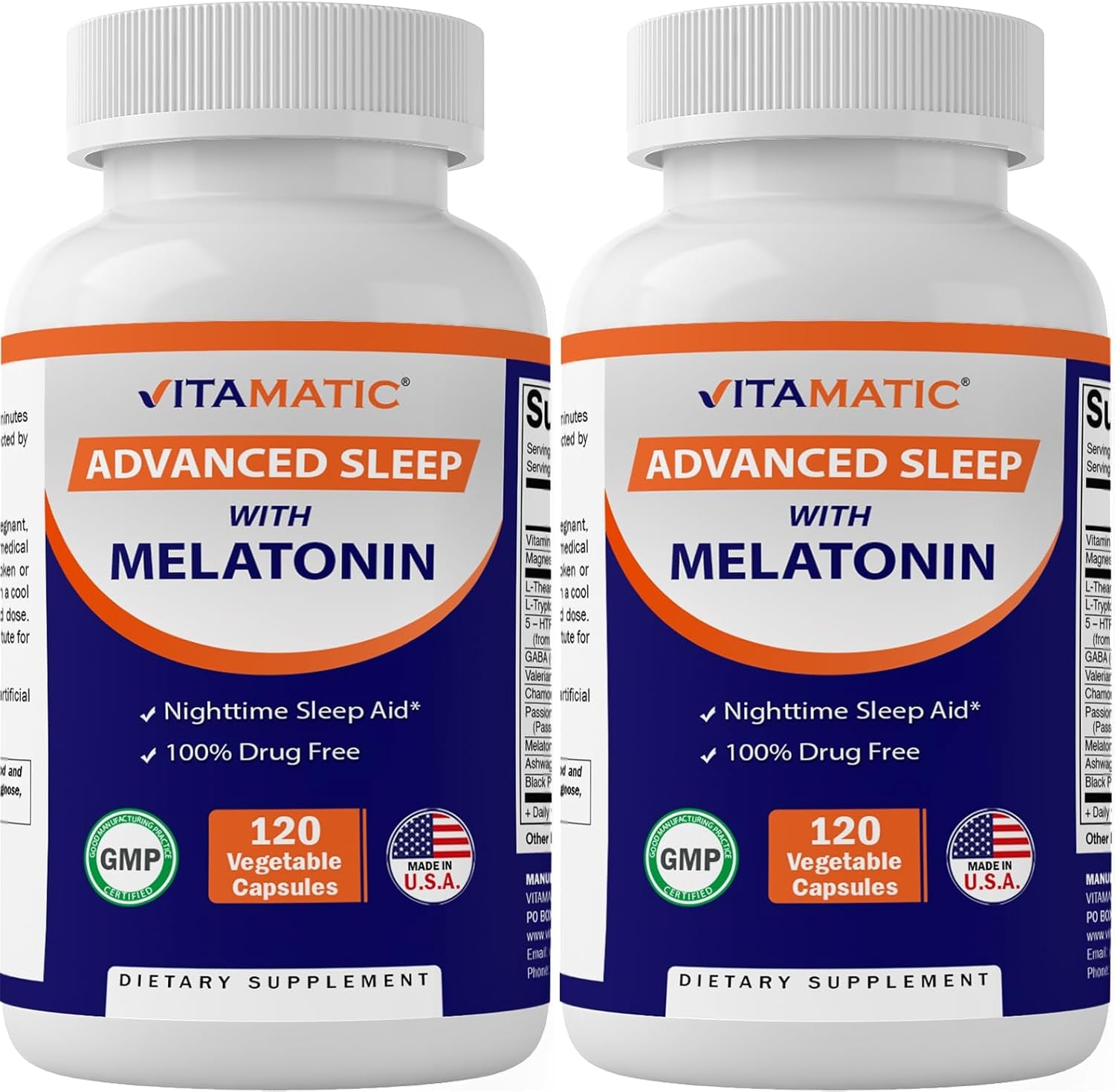 Vitamatic Advanced Sleep Aid with Melatonin - 120 Vegie Capsules -2 Pack Made with B6, Magnesium, L-Theanine, L-Tryptophan, 5-HTP, GABA, Valerian, Chamomile, Passion Flower, Ashwagandha & Black Pepper