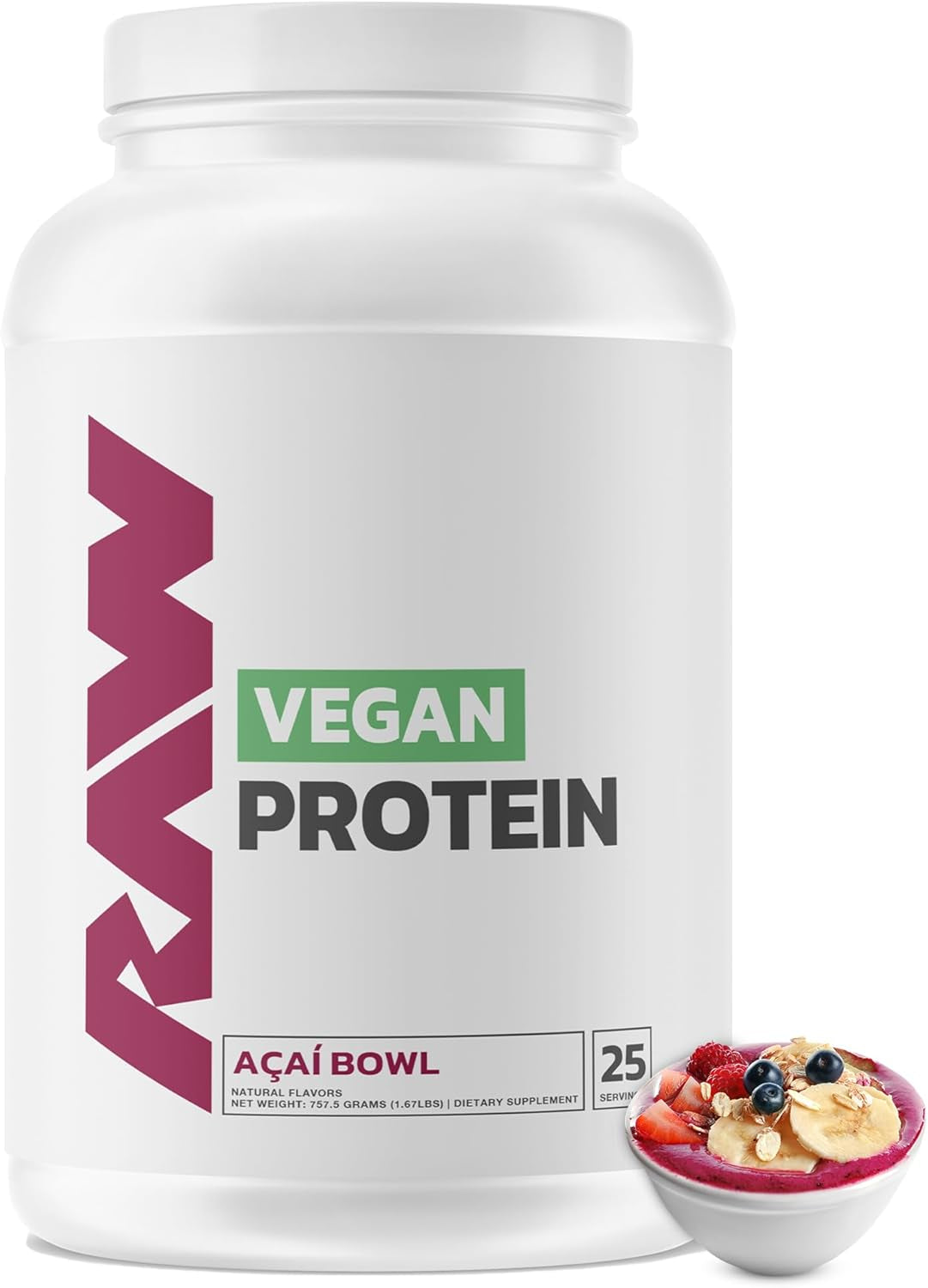 RAW Vegan Protein Powder, Acai Bowl - 20G of Plant-Based Protein Powder & Fortified with Vitamins for Muscle Growth & Recovery - Low-Fat, Low Carb, Naturally Flavored & Sweetened - 25 Servings