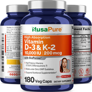 Nusapure Vitamin K2 (MK7) (200Mcg) + Vitamin D3 (10000 IU) 180 Veg Caps - Bioperine, Soyfree, Non-Gmo 