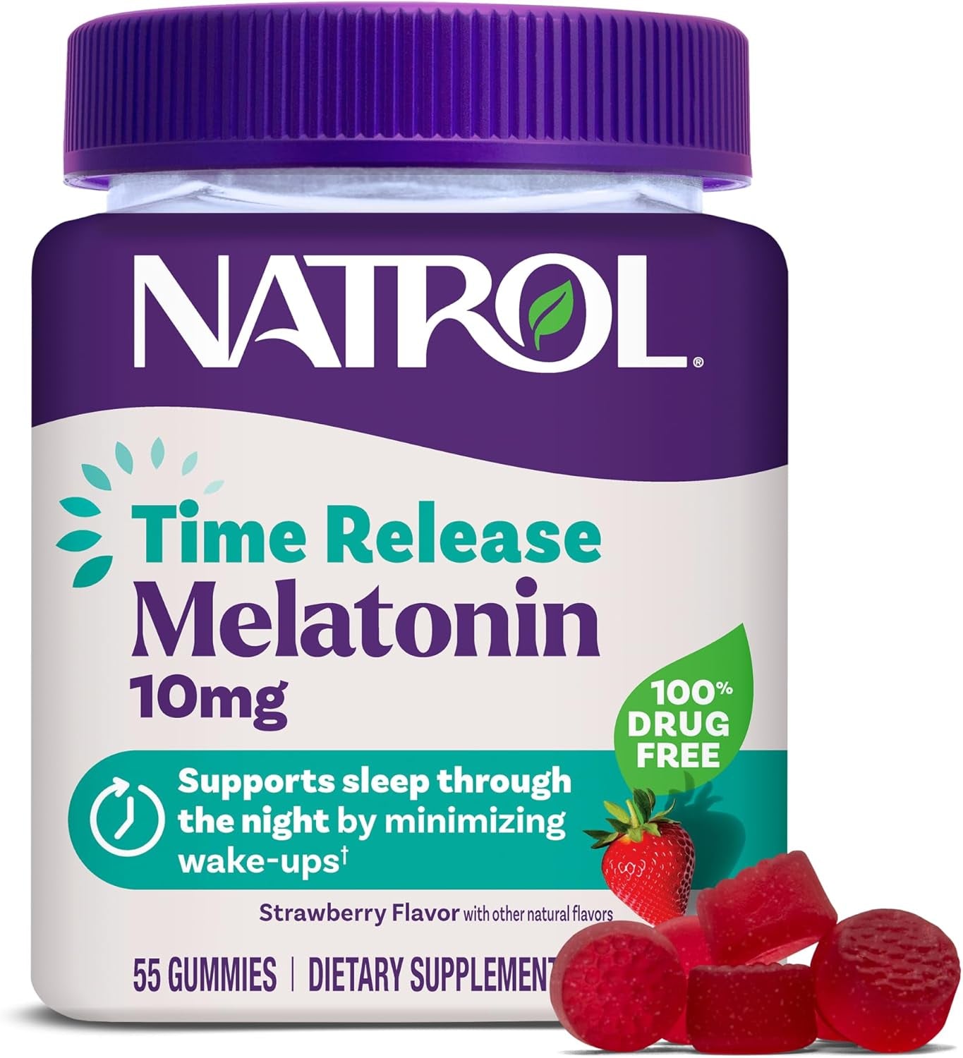 Natrol 10 Mg Melatonin Gummies, Time Release Sleep Gummies for Adults, Minimize Wake Ups, Strawberry-Flavored, 55 Count, 55 Day Supply
