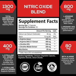 Extra Strength Nitric Oxide Supplement L Arginine 3X Strength - Citrulline Malate, AAKG, Beta Alanine - Premium Muscle Supporting Nitric Booster for Strength & Energy to Train Harder - 60 Capsules