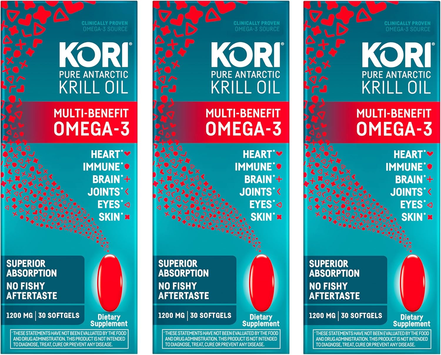 Kori Krill Oil Omega 3 Supplement, Antarctic Krill Oil with Superior Absorption Vs Fish Oil, Krill Oil 1200Mg Softgels, 30 Softgels, EPA & DHA (Pack of 3)