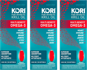 Kori Krill Oil Omega 3 Supplement, Antarctic Krill Oil with Superior Absorption Vs Fish Oil, Krill Oil 1200Mg Softgels, 30 Softgels, EPA & DHA (Pack of 3)