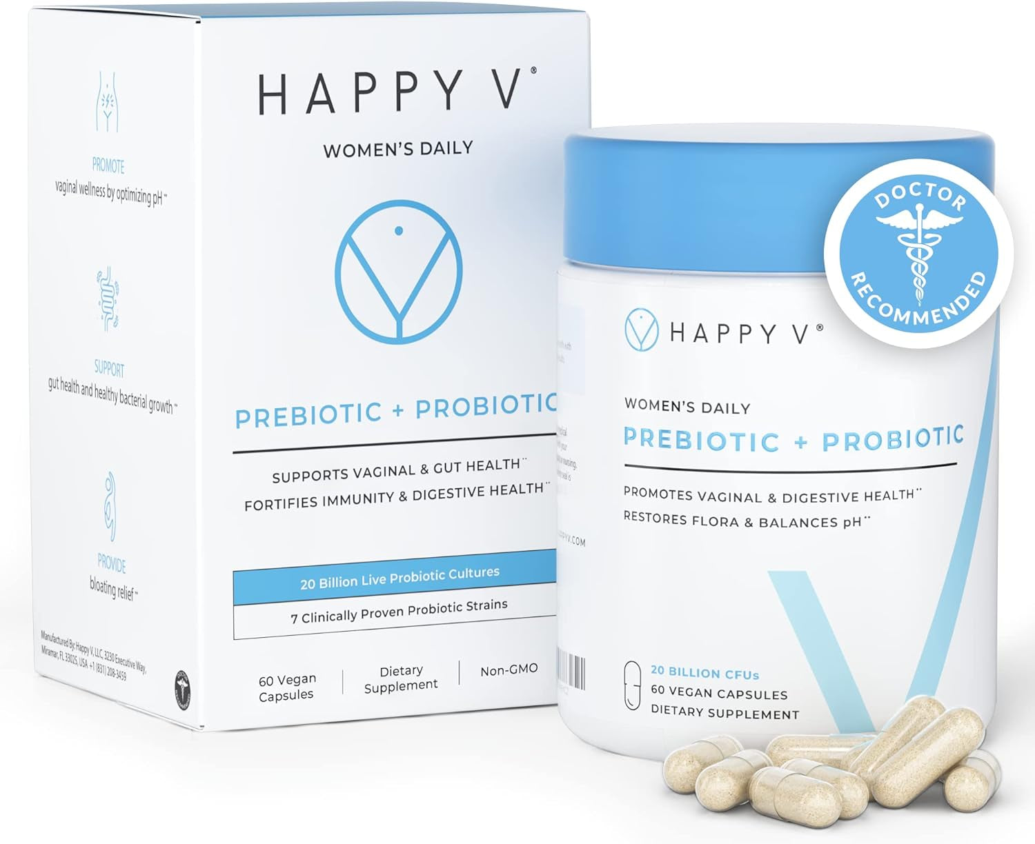 Happy V Dr. Formulated Vaginal Probiotics for Women, Clinically Proven Womens Probiotic for Vaginal Health & Ph Balance Complex, Natural BV Treatment & Yeast Infection Prebiotics, 60 Vegan Capsules